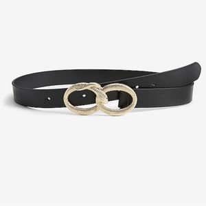 Express black faux leather belt with gold buckle.